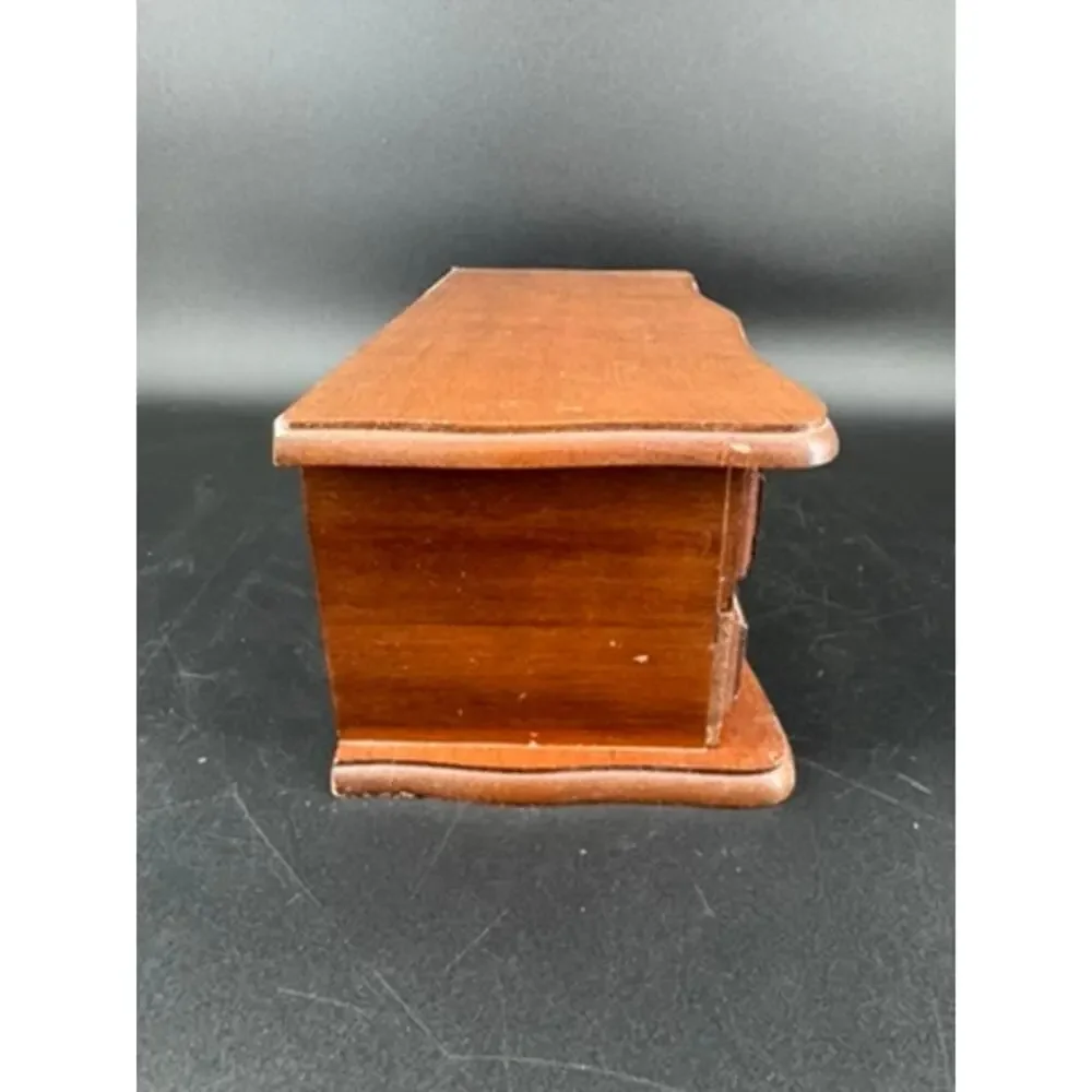 Vintage Wood Jewelry Box Mirror Cream Interior Drawer Ornate Metal Pulls 10.5